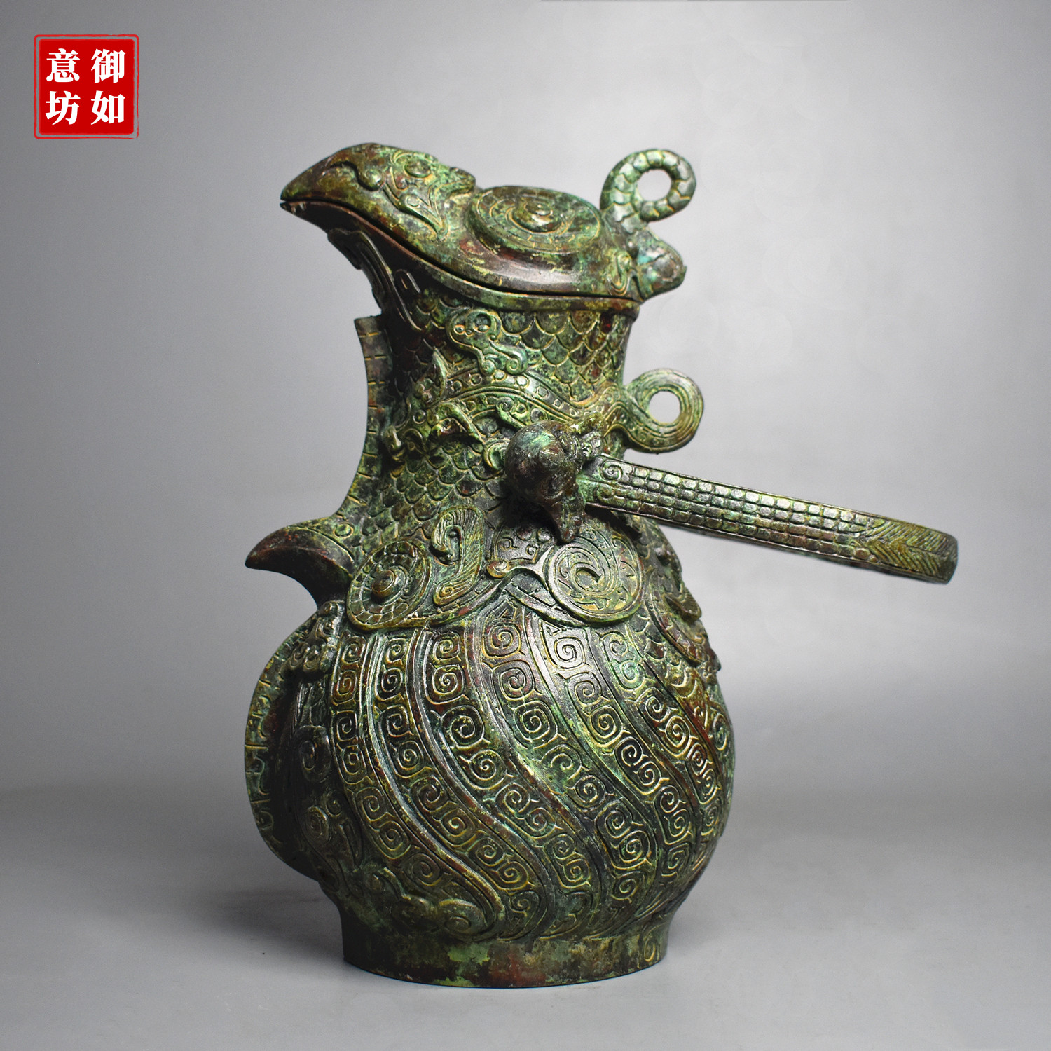 青铜器仿古摆件猫头鹰形提梁卣青铜觥酒器道具家居博物馆装饰礼品