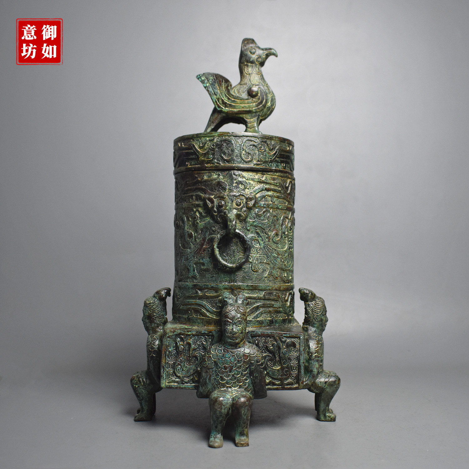 青铜器仿古秦代人俑带盖立鸟双凤壶酒樽酒庄古典文化工艺礼品