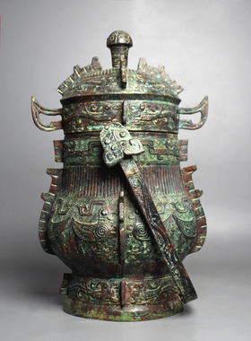 青铜器双凤纹兽耳提梁卣盛酒器