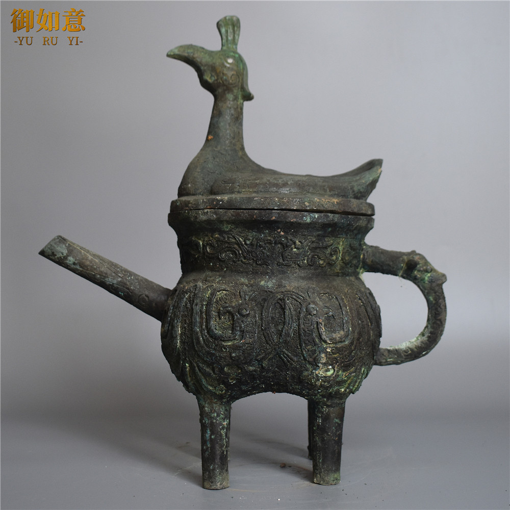 仿古西周凤首青铜盉摆件三足兽纹盉古玩博古架中式收藏装饰工艺品