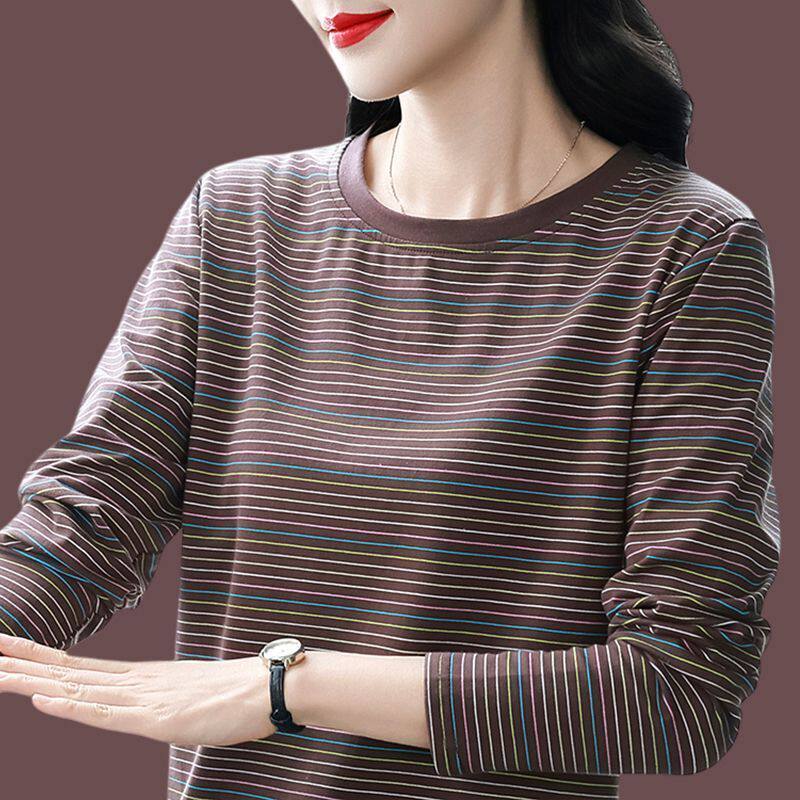 无锡今年流行的爆款女装纯棉条纹T恤2026春秋季中年妈妈新款上衣图片
