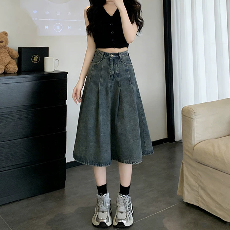 广州十三新塘百褶A字牛仔伞裙女2026夏季小个子高腰遮胯半身裙子