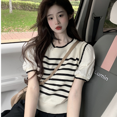 大朗不起球正品毛衣新款女桐乡义乌条纹假两件泡泡袖打底针织衫夏