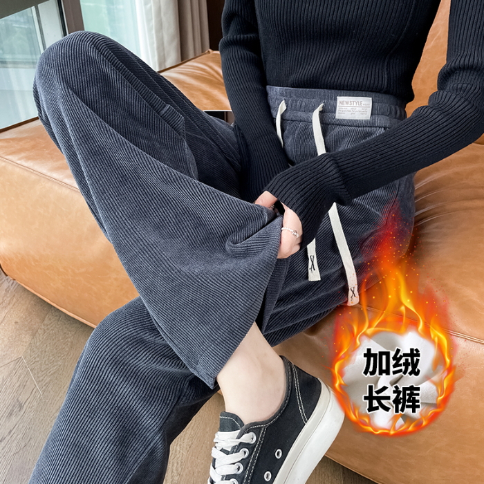 广州十三行加绒加厚阔腿裤秋冬季高腰垂感显瘦直筒灯芯绒郑州女裤