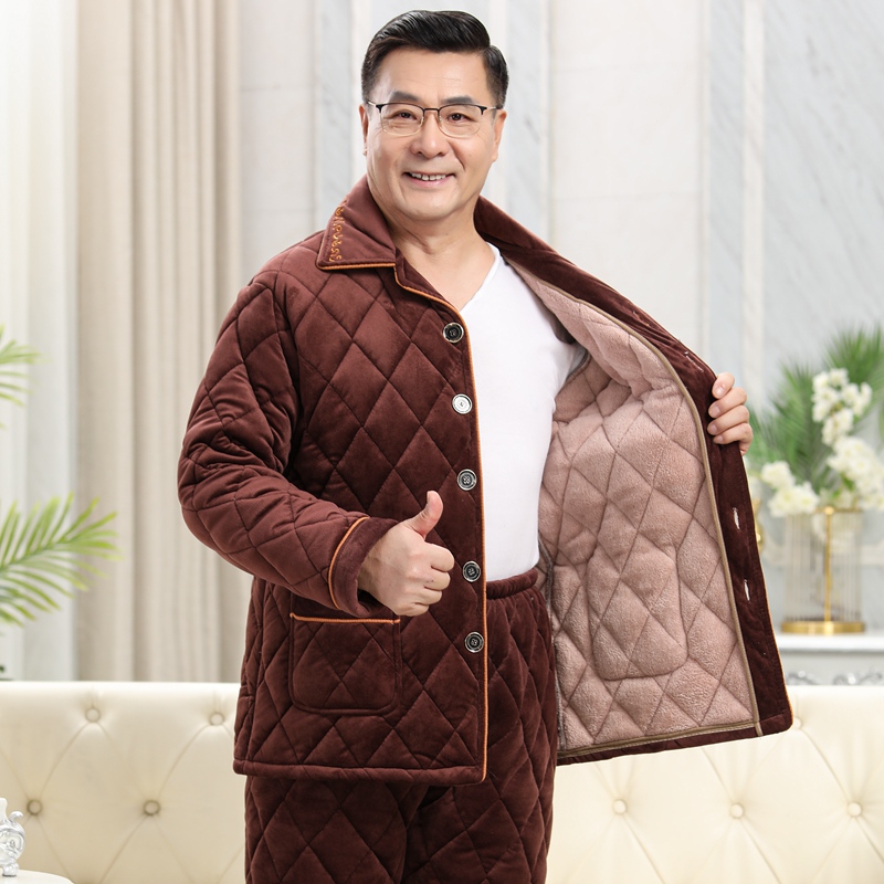 珊瑚绒睡衣中老年男套装加厚棉袄