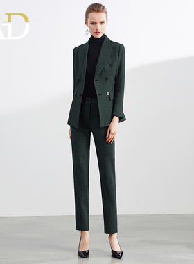 AD摩登墨绿色西服套装女秋冬高端职业装加厚羊毛西装女士商务正装