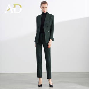 AD摩登墨绿色西服套装女秋冬高端职业装加厚羊毛西装女士商务正装