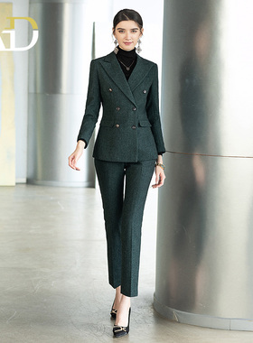 AD绿色商务正装女气质套装高端绵羊毛西装外套2024新款秋冬职业装