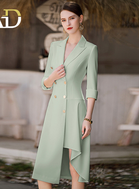 AD绿色连衣裙女2023春夏双排扣七分袖不规则中长裙职业装大摆裙子
