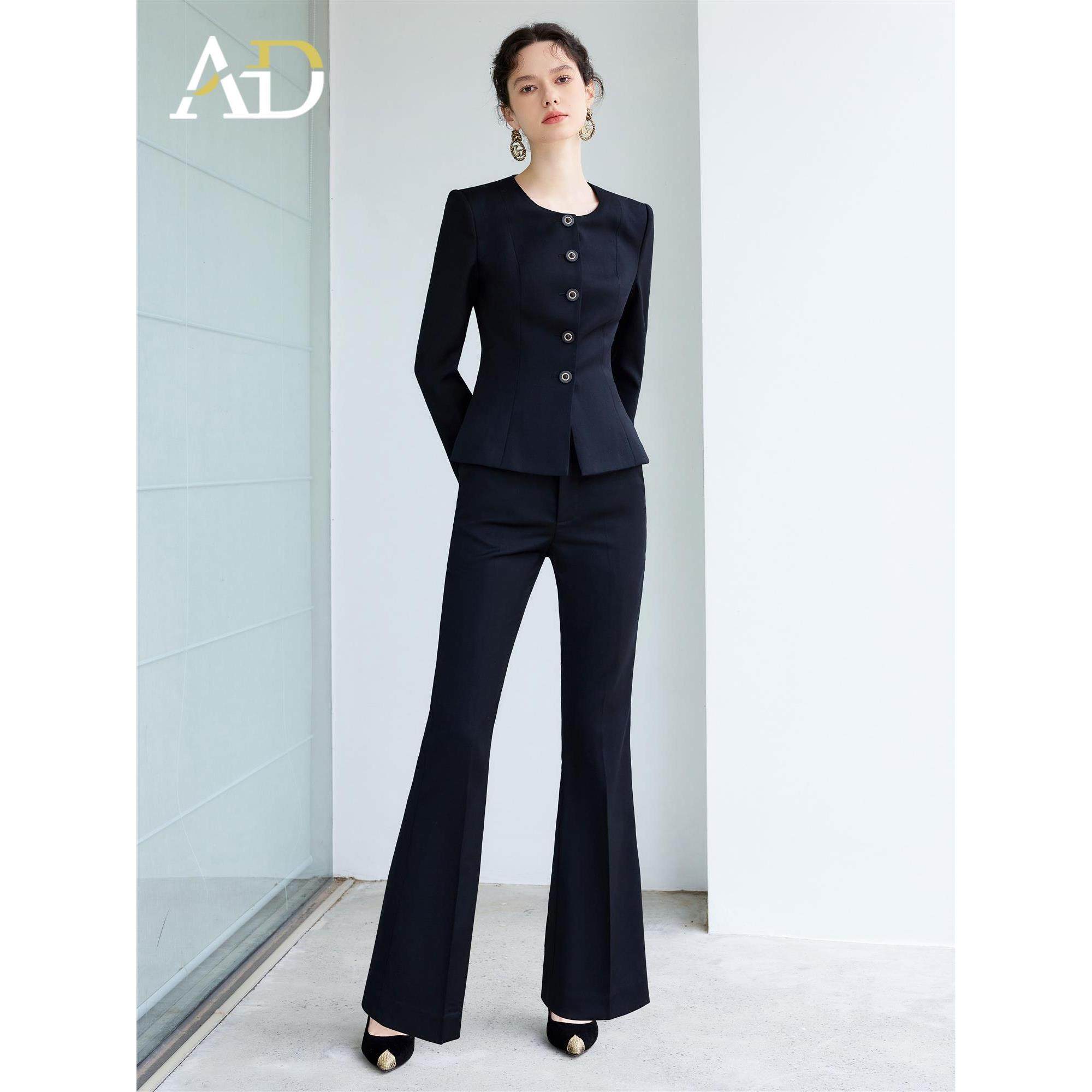 AD时尚干练职业西装套装2025年气质通勤黑色圆领外套女工作服裤子