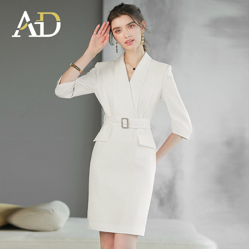 AD职业装气质女神范白色连衣裙女高端主持人正装套裙艺考面试西服