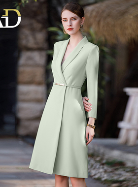 AD主持人面试服装女教师职业装连衣裙2023秋季新款绿色西装裙正装
