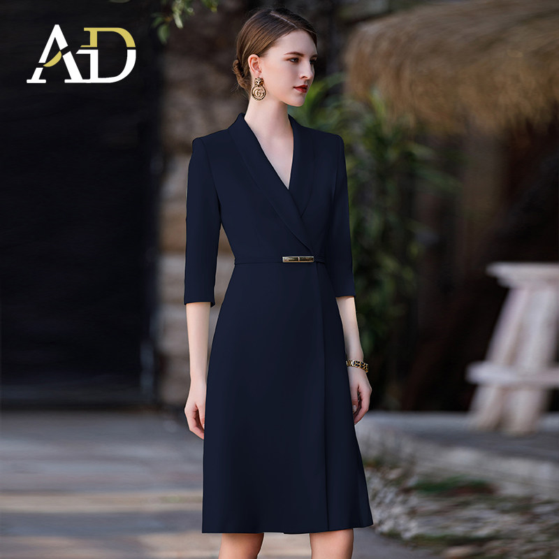 AD职业连衣裙女气质工作服高端主持人正装套裙藏青色售楼部工装秋