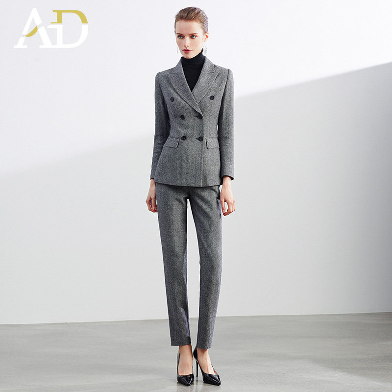 AD秋冬羊毛灰色西装套裤时尚OL人字纹高级感职业装气质正装女套装