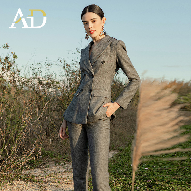 AD职业通勤西服套装女秋冬加厚羊毛呢子外套新款灰色西装商务正装