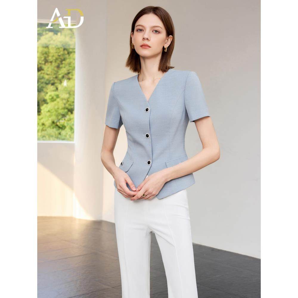 AD2025夏季新款西装短袖女气质V领职业装套装高级感白色微喇西裤