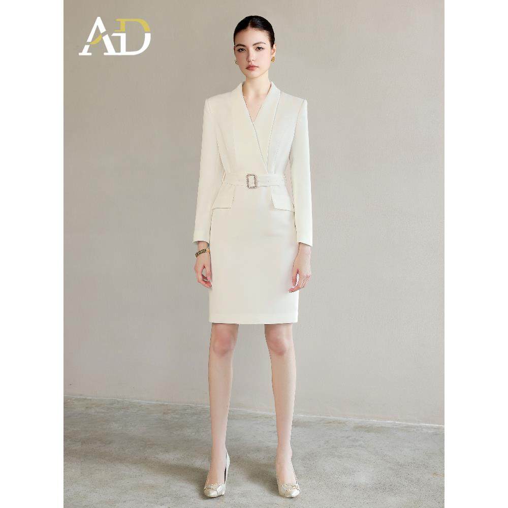 AD春季职业装气质女神范白色连衣裙女高端收腰西服裙主持人正装
