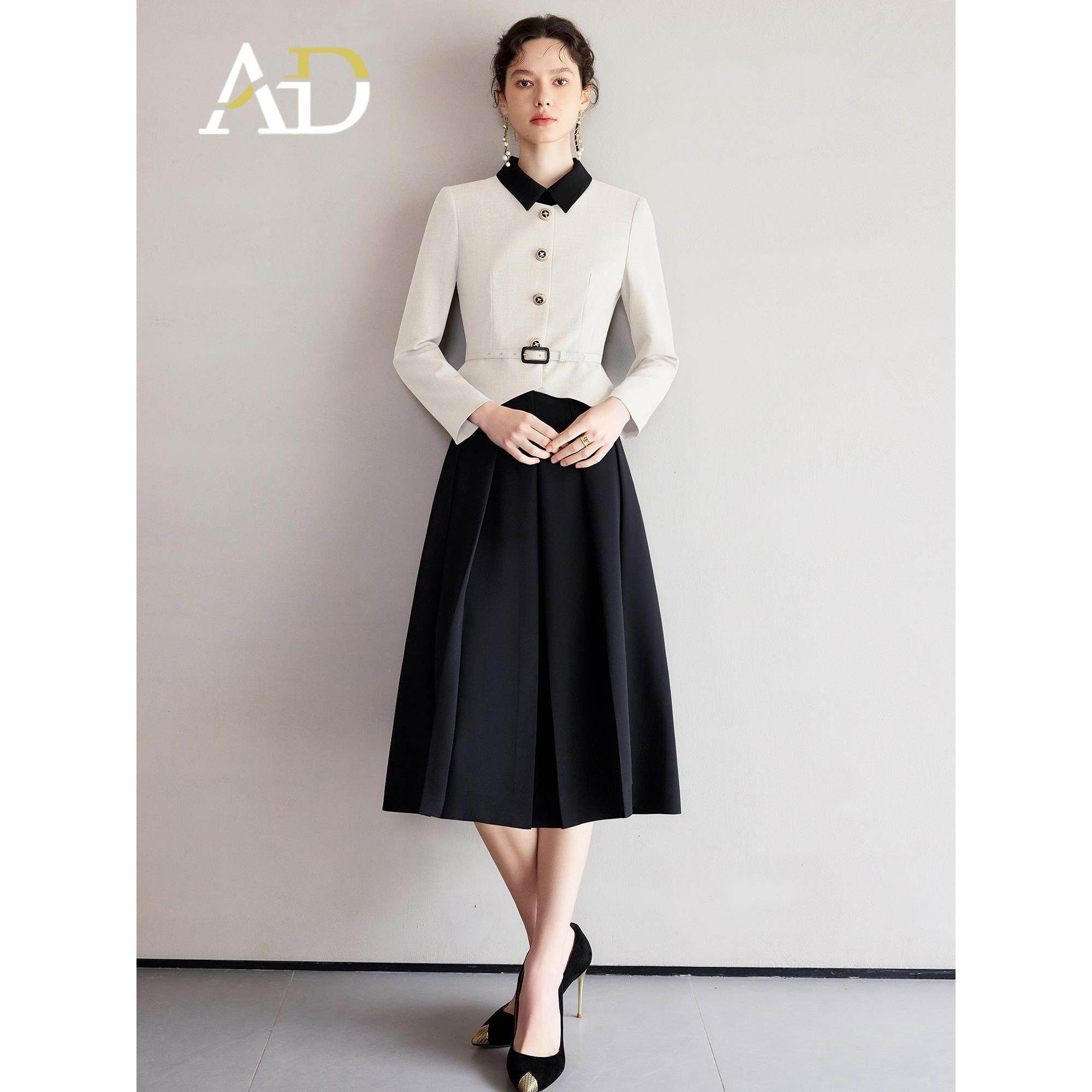 AD黑白拼色小翻领西装伞裙套裙女2025秋季新款假两件职业装连衣裙