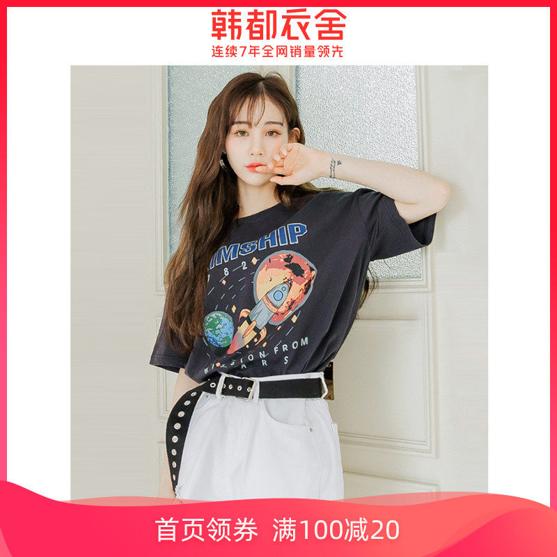 韩都衣舍短袖2020夏装新款女装宽松圆领潮酷印花宽松t恤女潮酷