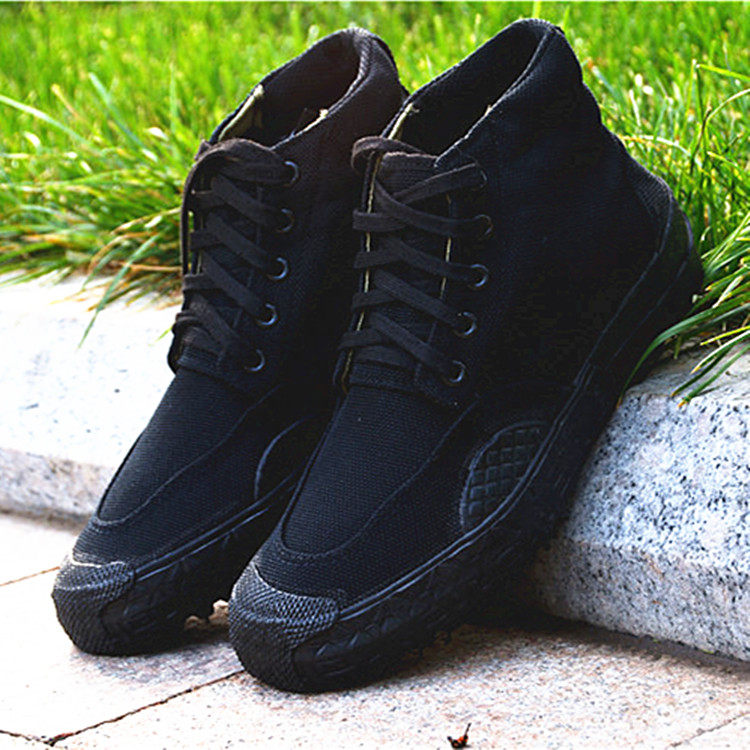 春秋鞋黑色帆布鞋男跑步鞋新款训练胶鞋透气高帮保安工作鞋加大码