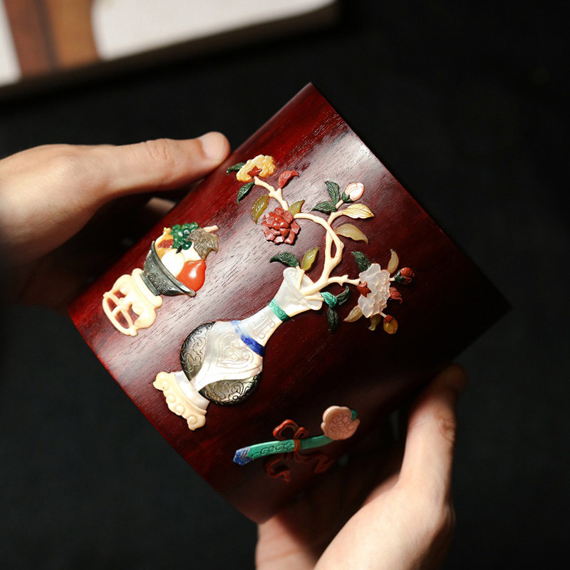 印度小叶紫檀清供博古图笔筒办公室桌面装饰摆件高档实木商务送礼