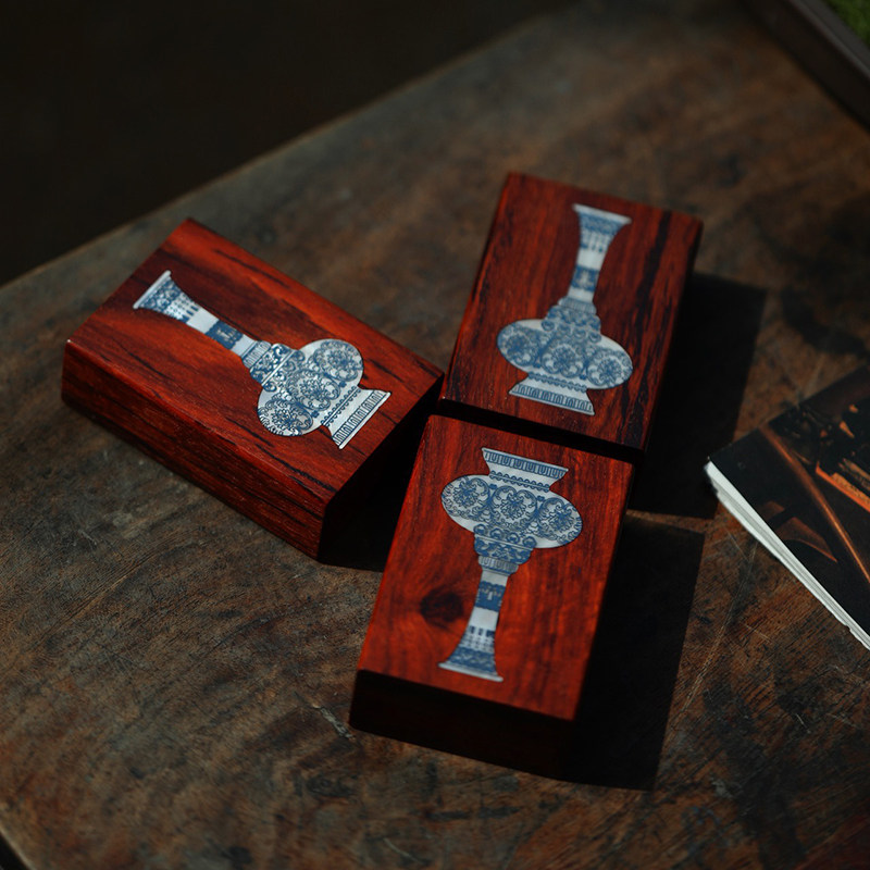 印度小叶紫檀镶嵌彩贝青花瓷烟盒红木工艺品男士便携复古香烟盒子