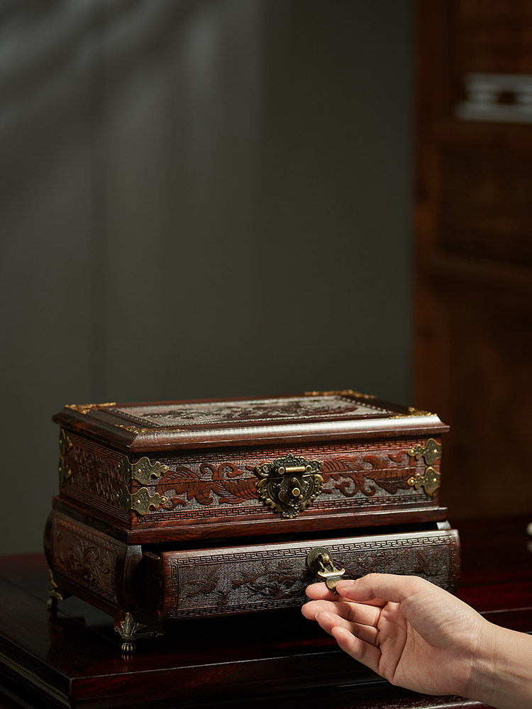 实木首饰盒收纳盒小高端红玫瑰木木制古董项炼耳环耳环手表首饰盒