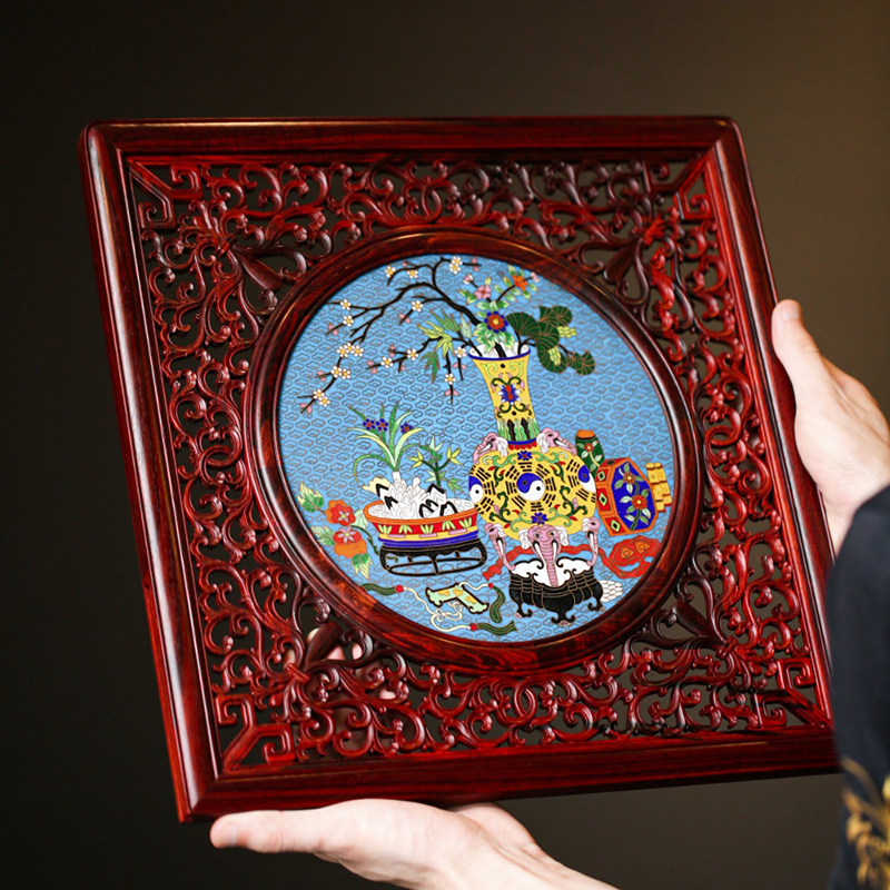 印度小叶紫檀镶嵌景泰蓝插屏摆件中式实木中堂文玩收藏送礼工艺品