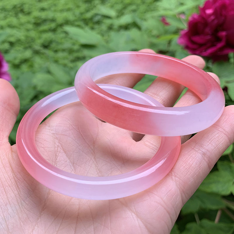 夏季新款天然冰种樱花粉手镯金丝玉翡翠糯种和田玉藕粉色