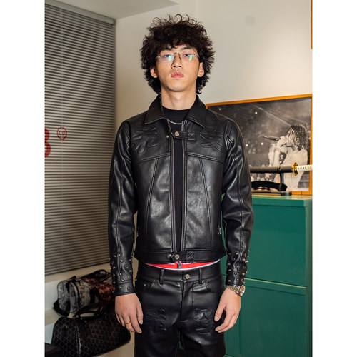 美式街头压印铆钉修身机车服