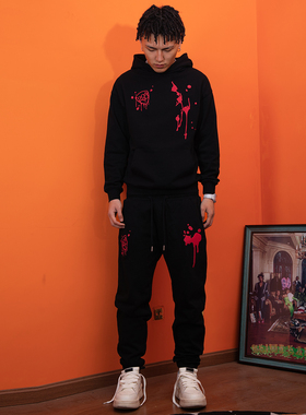 TGFCLUB美式街头嘻哈立体刺绣血迹基础宽松连帽drill连帽卫衣套装