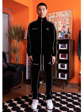 TGFCLUB 美式说唱rapper复古手势街头drill宽松LOGO运动丝绒套装