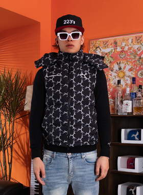 TGFCLUB 满印高级宽松立领加厚90绒短款修身街头连帽羽绒马甲背心