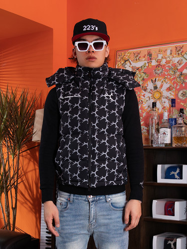 TGFCLUB 满印高级宽松立领加厚90绒短款修身街头连帽羽绒马甲背心