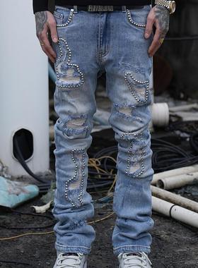 TGFCLUB 美式街头铆钉钉珠假破洞补丁水洗修身微喇弹力牛仔裤