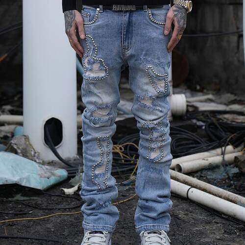 TGFCLUB 美式街头铆钉钉珠假破洞补丁水洗修身微喇弹力牛仔裤