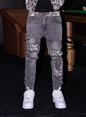 TGFCLUB 美式街头嘻哈RAPPER基础贴布豹纹修身小脚水洗牛仔裤