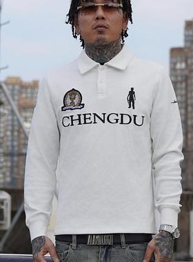 TGFCLUB223系列美式嘻哈CHENGDU街头drill奖杯刺绣修身长袖POLO衫