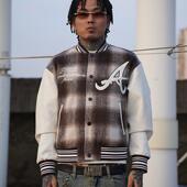 TGFCLUB 美式 街头嘻哈说唱毛巾绣刺绣拼PU皮毛呢格子棒球服夹克