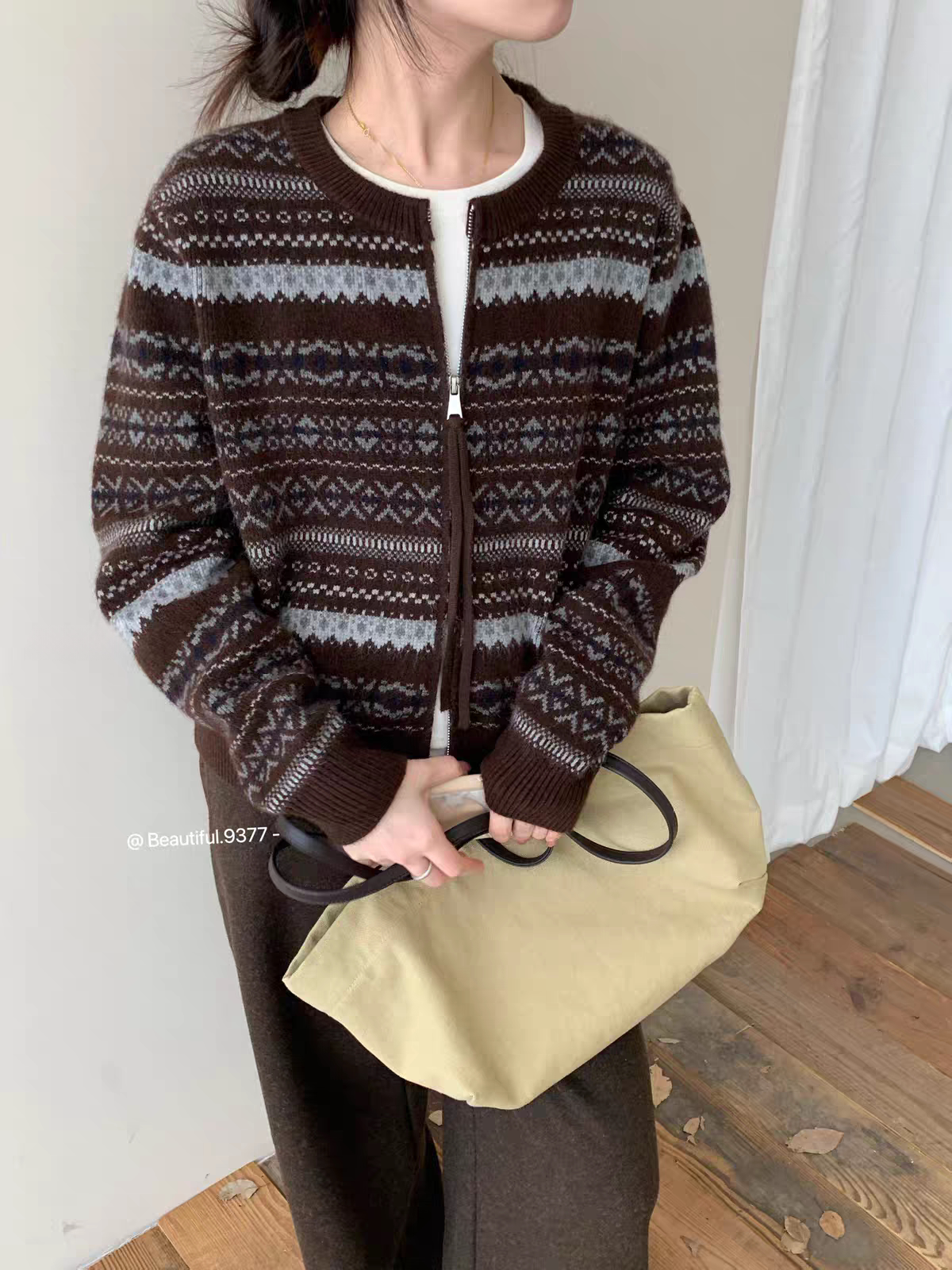 秋冬新款女韩版宽松时尚提花费尔岛拉链针织开衫百搭休闲毛衣外套
