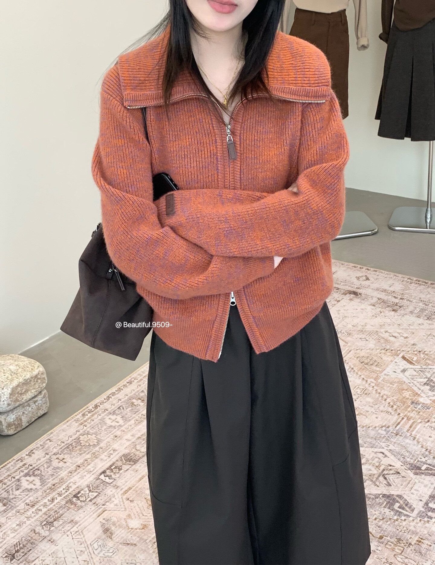秋冬新款女韩版宽松时尚大翻领花线针织开衫百搭休闲拉链毛衣外套