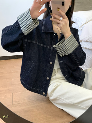 2025秋装复古格子拼接袖口牛仔短外套女长袖落肩宽松休闲夹克上衣