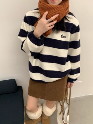 2025秋冬新款韩版宽松显瘦圆领条纹针织衫女百搭休闲毛衣打底上衣