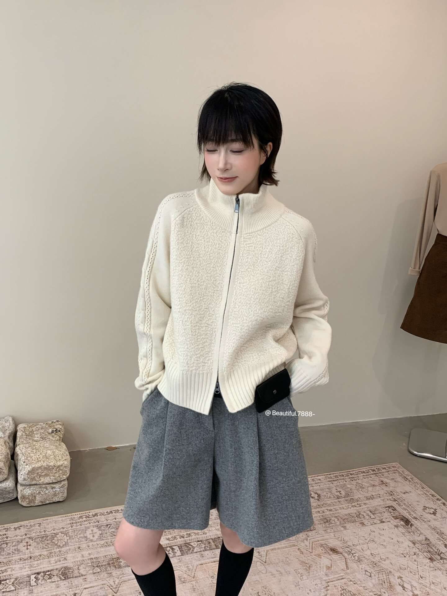 秋冬新款韩版双拉链慵懒立领针织开衫女显瘦翻领扭花加厚毛衣外套