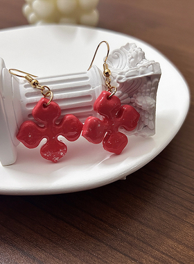 FEN手工原创软陶安可拉红色花朵耳饰复古港风小众高级感轻奢耳环