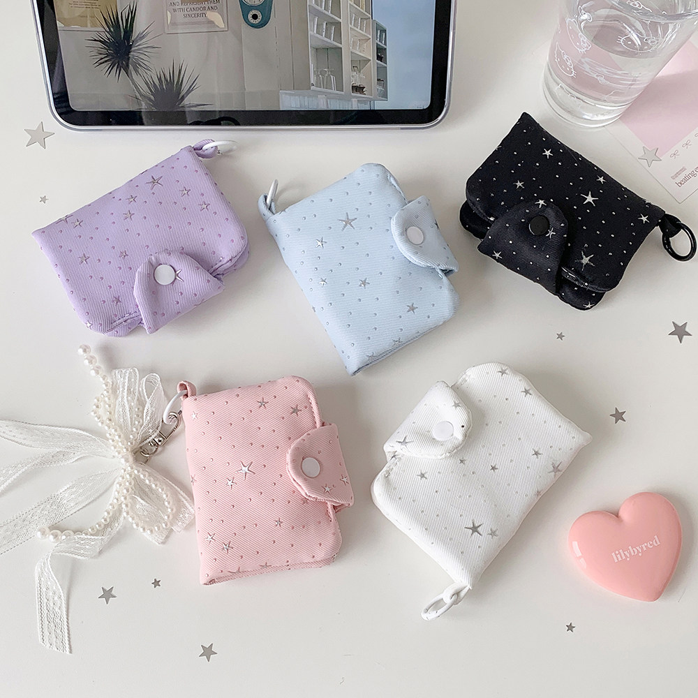 ins少女布艺银色星星按扣零钱包学生挂件小钱包公交卡饭卡收纳包