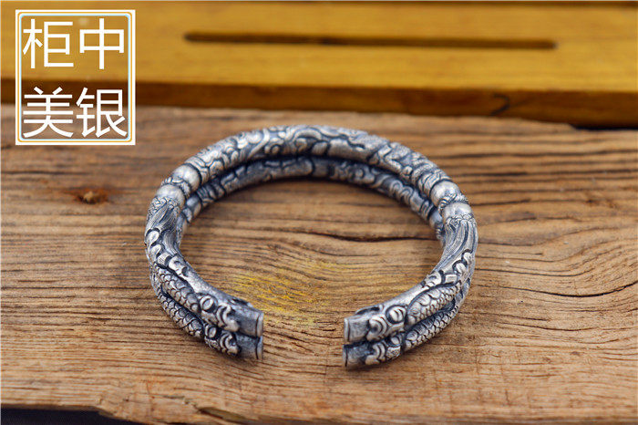 纯银999纯银纯手工雕刻全龙 老九门佛爷双响环 男女银饰手镯