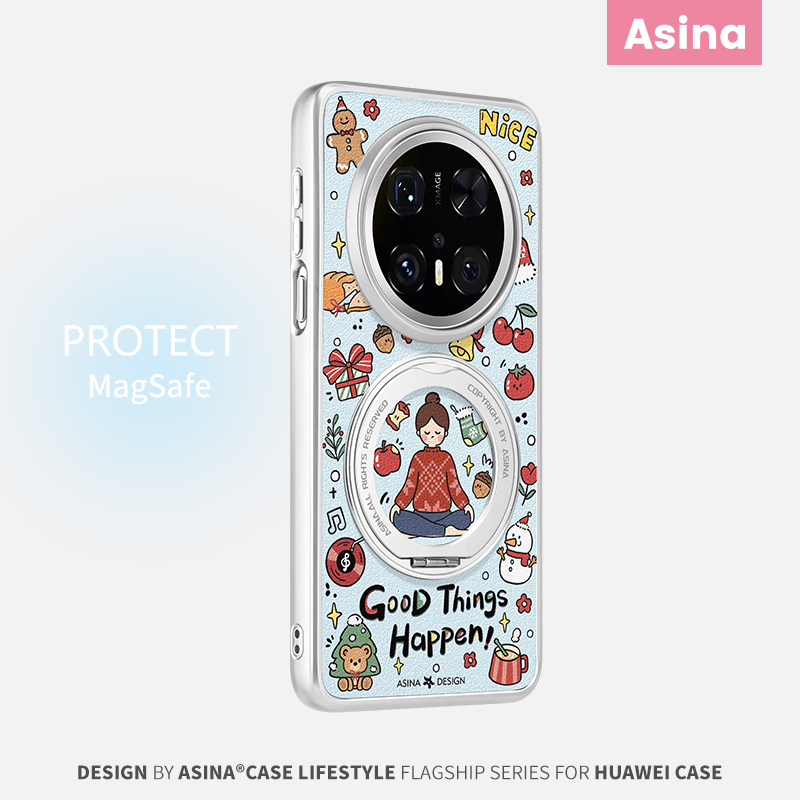 快乐冥想适用华为Mate60Pro手机壳磁吸带支架新款mt70por+支点保护套高级感文艺风可爱mete60超薄仿皮全包女