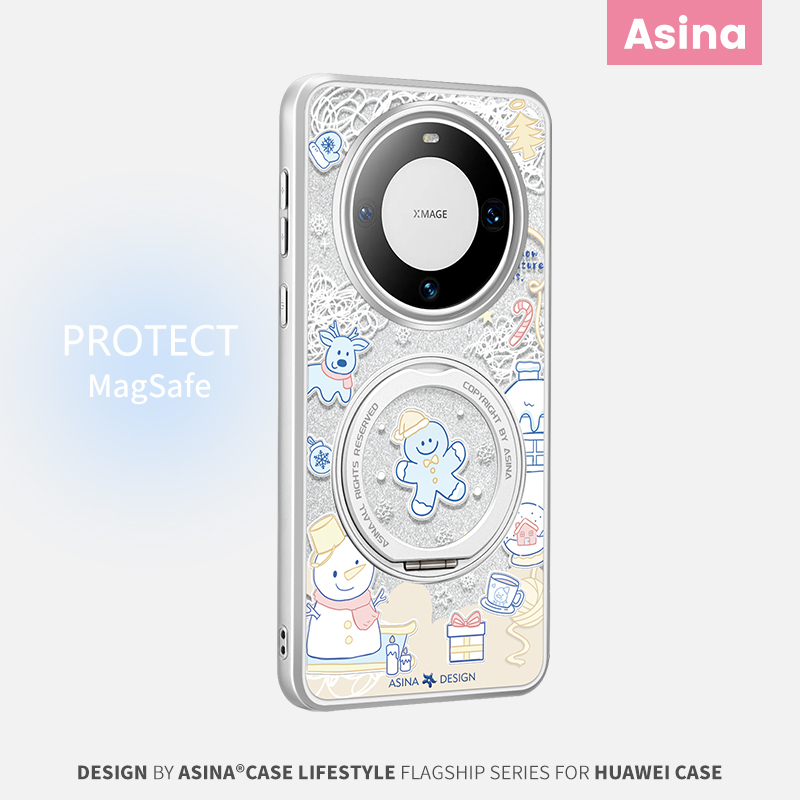 涂鸦线条雪人适用华为Mate60Pro手机壳磁吸带支架新款mt70por+支点保护套简约Qo1高级感秋冬mete60全包闪粉女