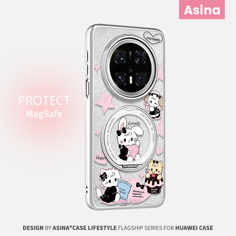 甜心玩偶适用华为Mate60Pro手机壳磁吸带支架新款mt70por+支点套时尚Qo1高级感可爱ins防摔mete60全包闪粉女